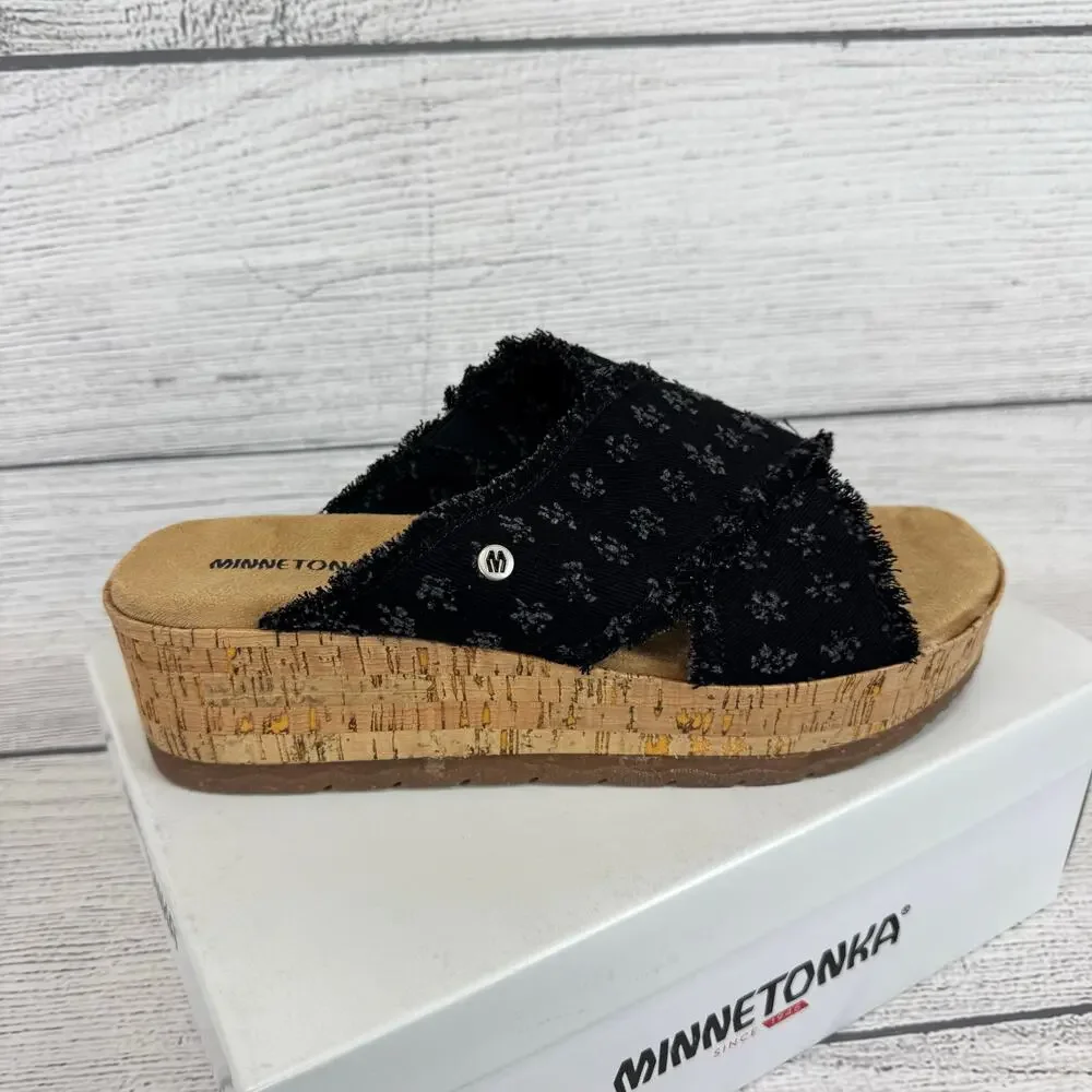 Minnetonka Women's Black Distressed Denim Posey Wedge Sandals Size 11